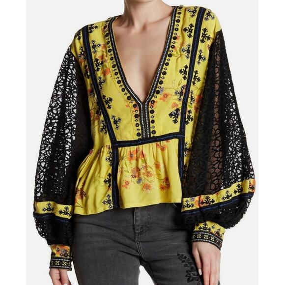 Free People NWT Boogie All Night Chartreuse Yellow Embroidered Lace Floral Top - Picture 1 of 8